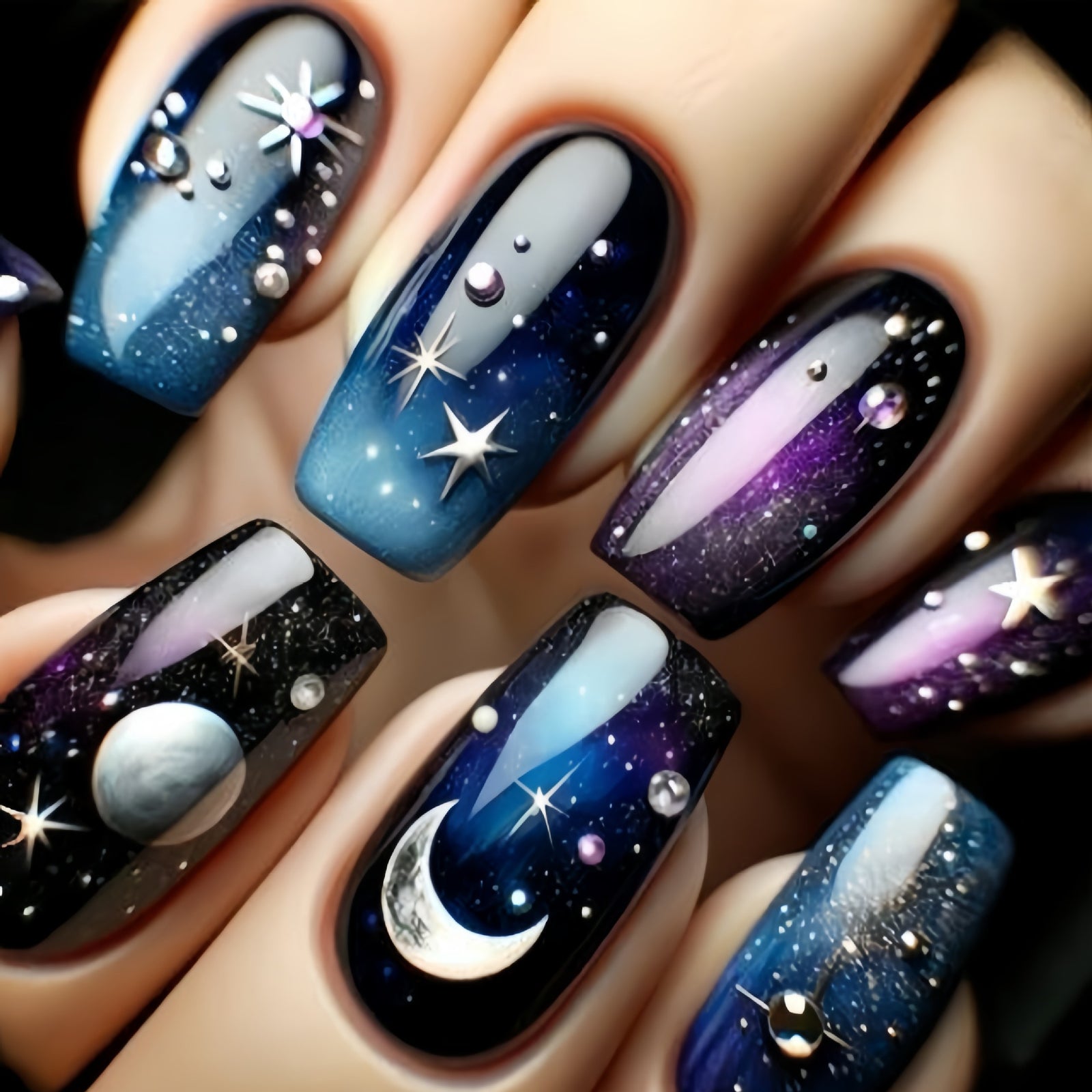 24pcs/Set Blue Galaxy Press-On Nails