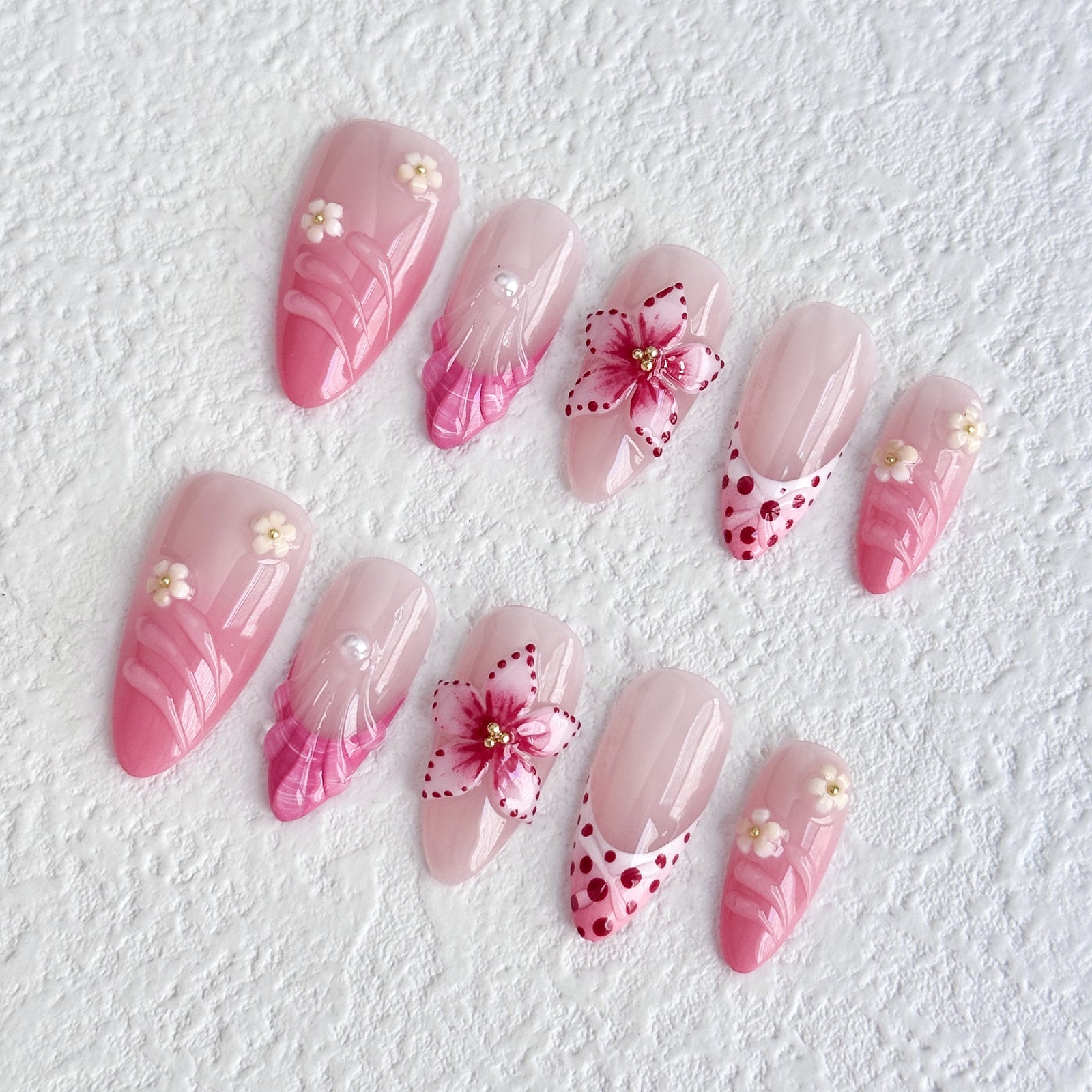 (Handmade) 10pcs/Set Pink Flower Shell Press-On Nails