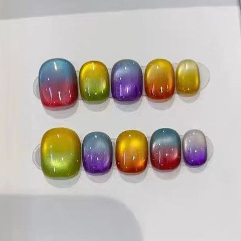 (Handmade) 10pcs/Set Colorful Gradient Cat Eye Short Press-On Nails