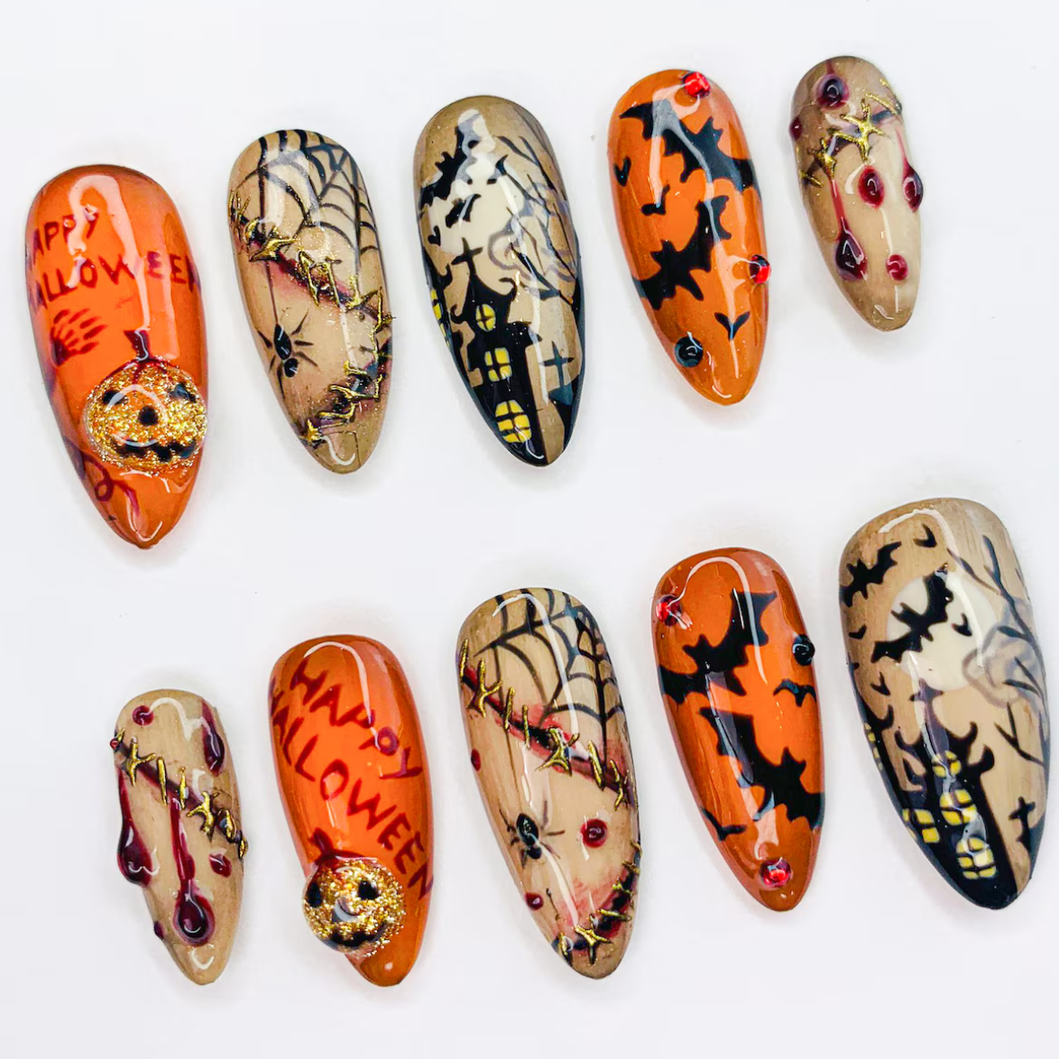 (Handmade) 10pcs/Set 3D Blood Drip and Pumpkin Halloween Press-On Nails
