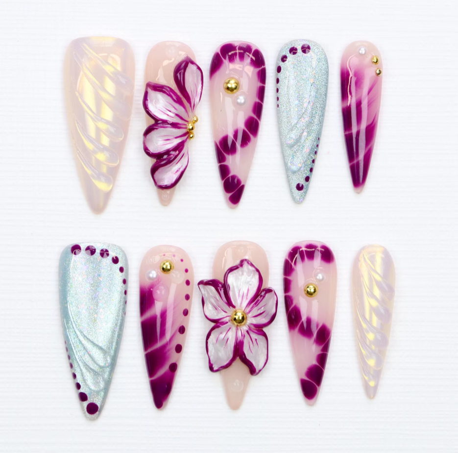(Handmade) 10pcs/Set 3D Floral Long Stiletto Press-On Nails