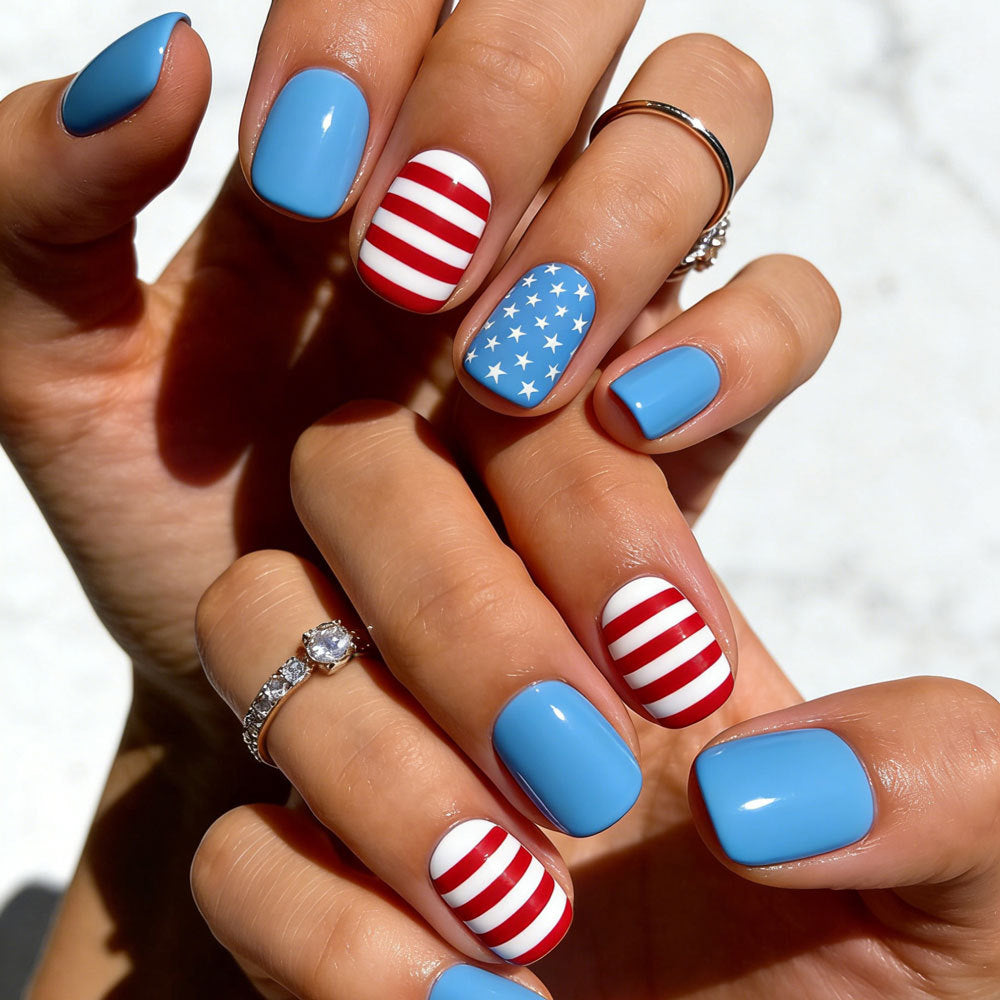 24pcs/Set Red, Blue & White Striped Stars Press-On Nails