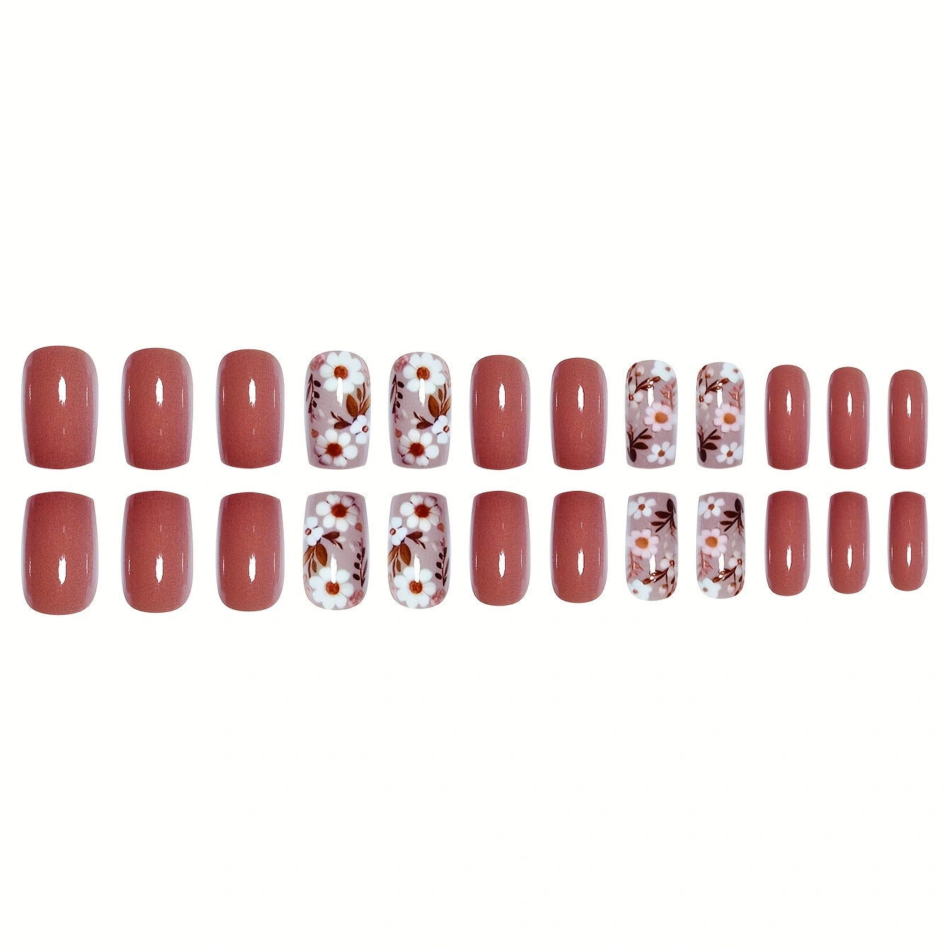 24pcs/Set Brown Flowers Press-On Nails