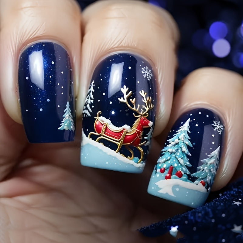 24pcs/Set Blue Christmas Reindeer Press-On Nails