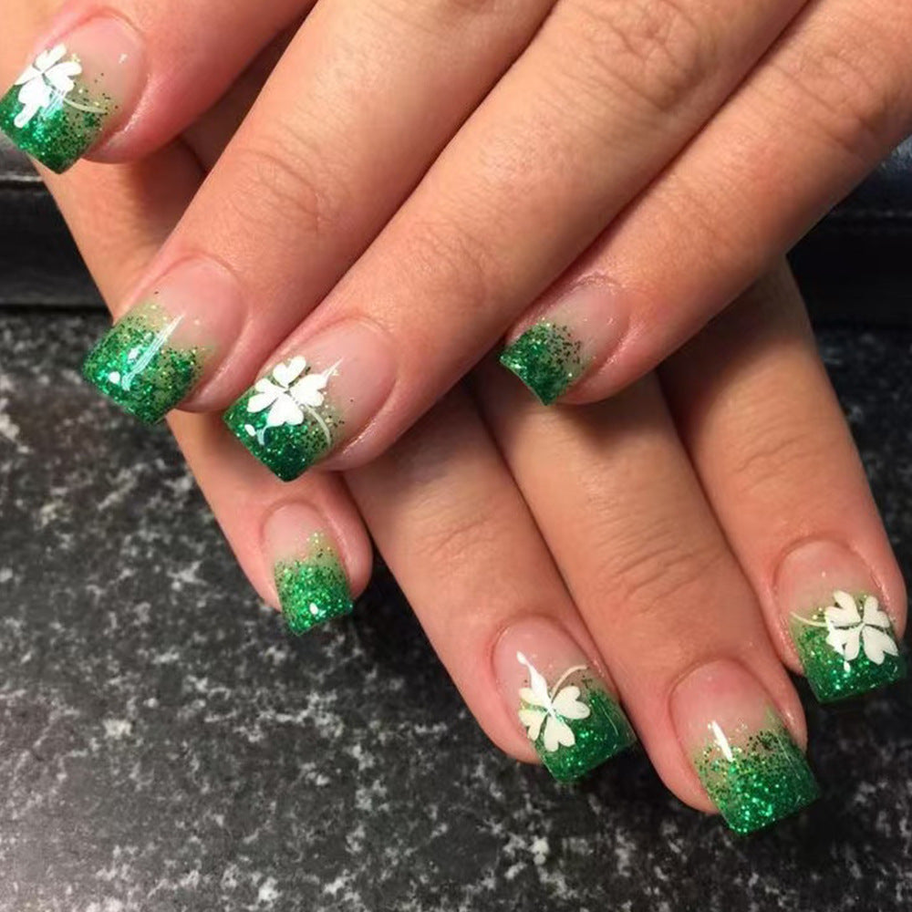 24pcs/Set Minimalist Glitter Shamrock French Short Press-On Nails