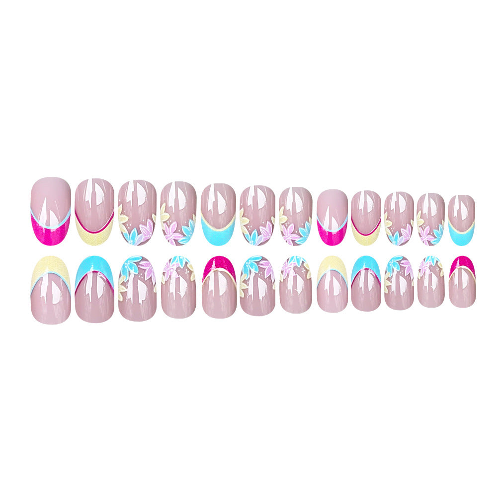 24pcs/Set Color-Blocked French Floral Press-On Nails