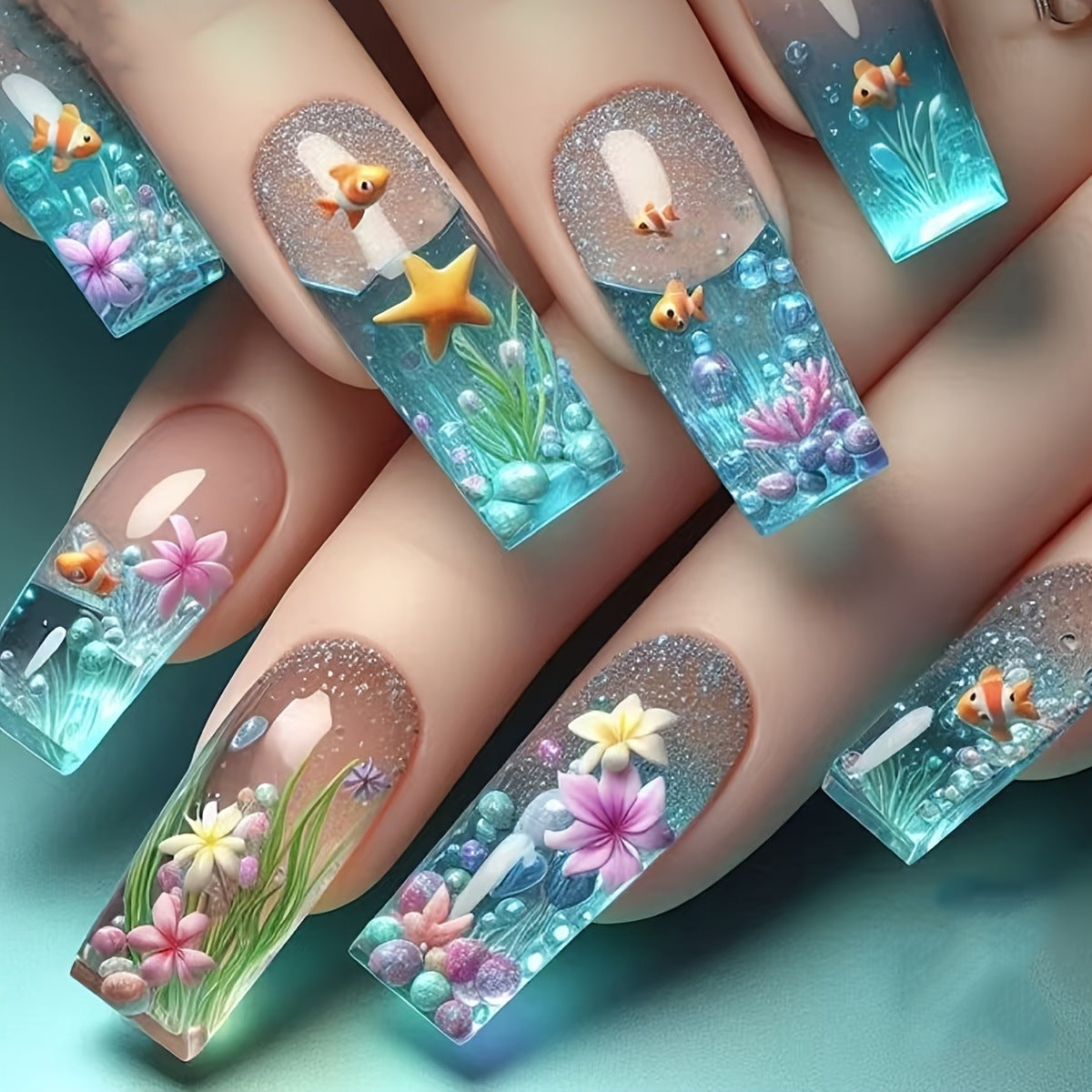 24pcs/Set Little Fish and Starfish Press-On Nails