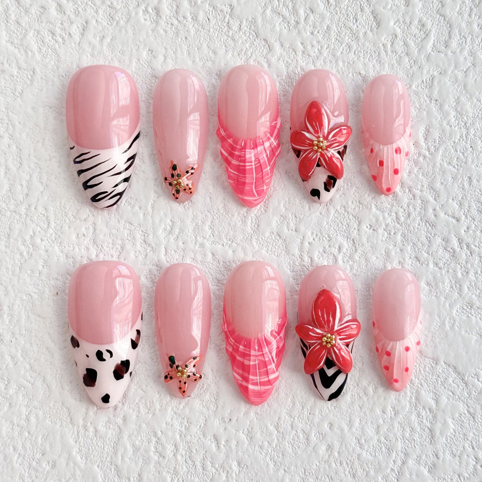 (Handmade) 10pcs/Set Pink 3D Flower Shell Press-On Nails