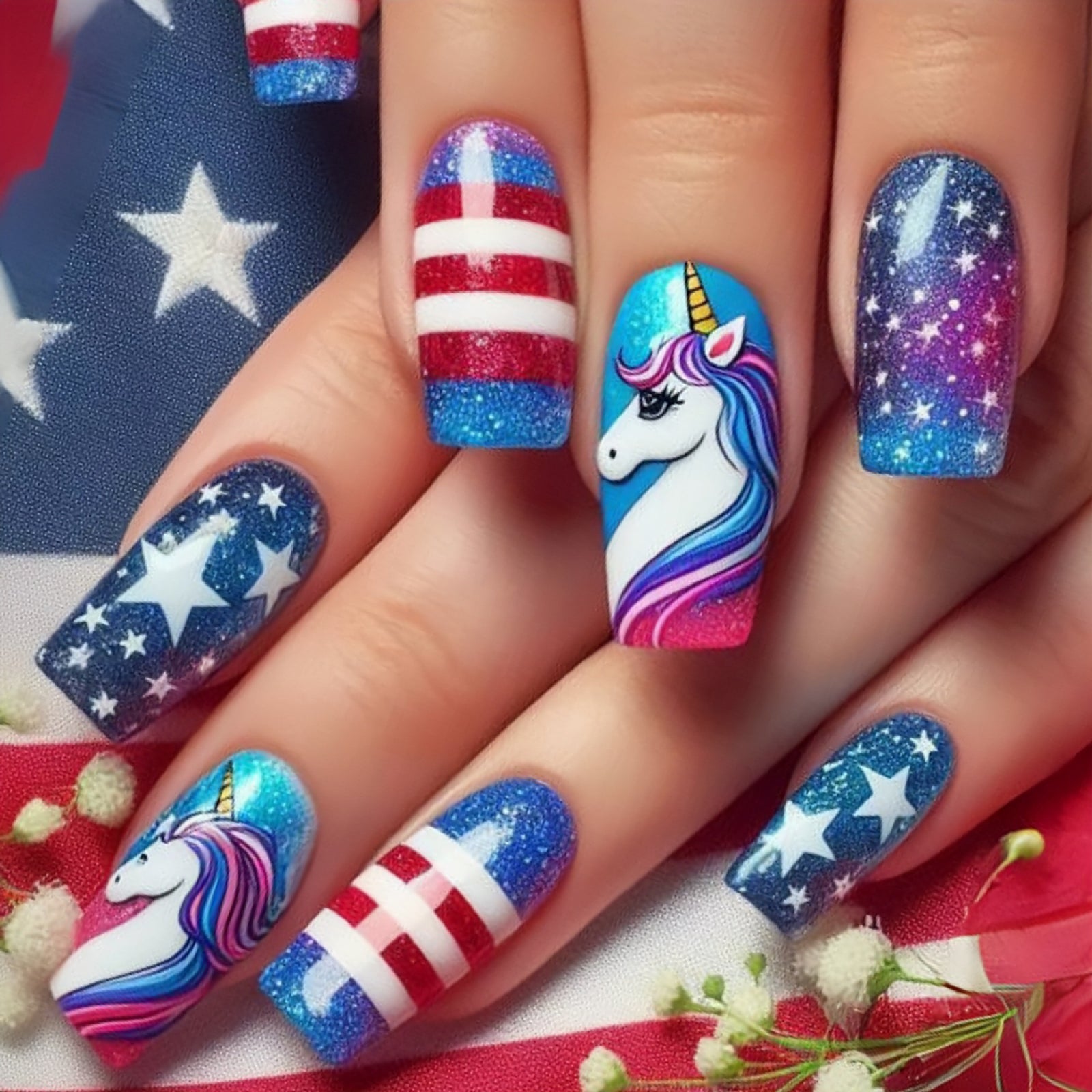 24pcs/Set Independence Day Stars & Stripes Unicorn Press-On Nails