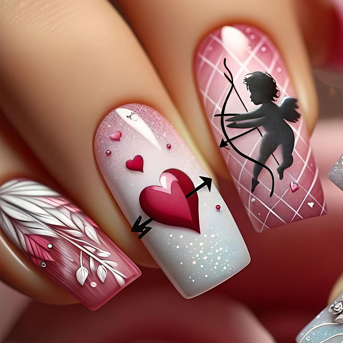 24pcs/Set Red Heart Cupid Press-On Nails