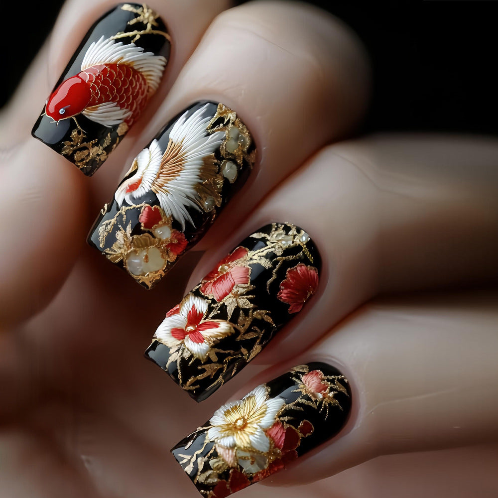 24pcs/Set Red Koi with Gold Embroidery Press-On Nails