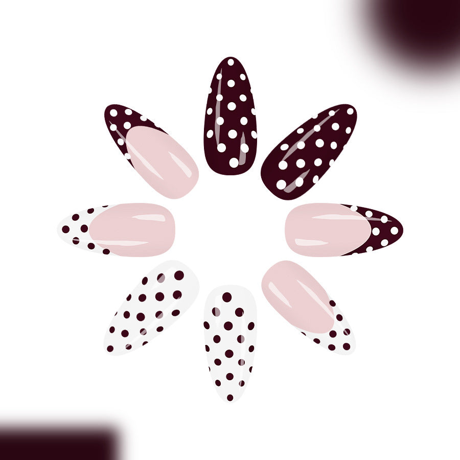 24pcs/Set Burgundy French Tips with White Polka Dots Press-On Nails