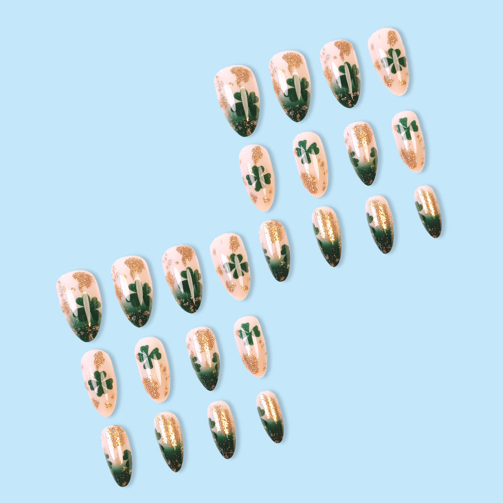 24pcs/Set Gilded Glitter Green Four-Leaf Clover Press-On Nails