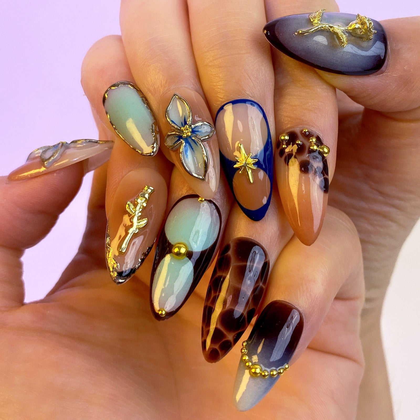 (Handmade) 10pcs/Set Autumn Winter Brown Gradient 3D Rose Flower Press-On Nails