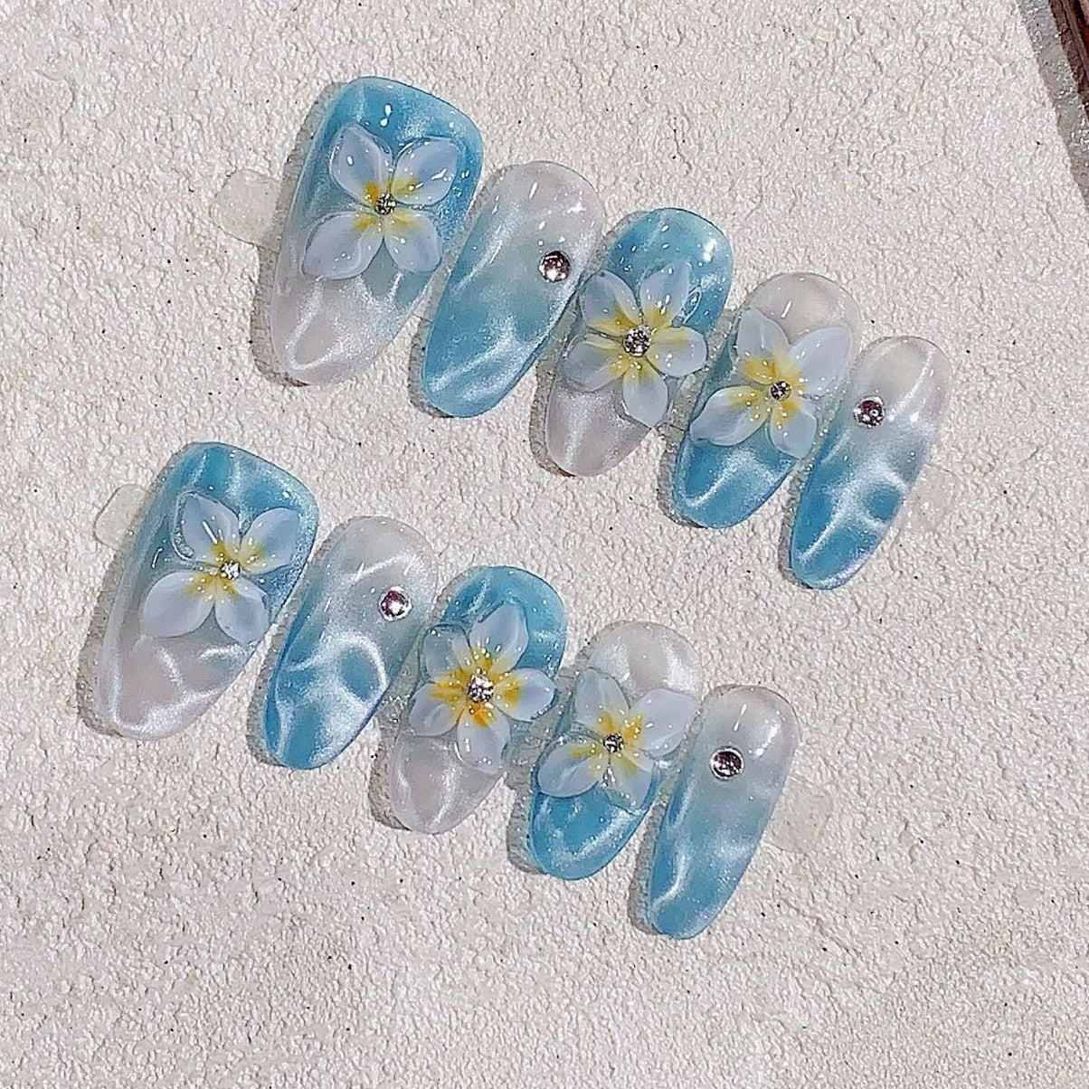 (Handmade) 10pcs/Set Blue Water Ripple Hand-Painted Carving Press-On Nails