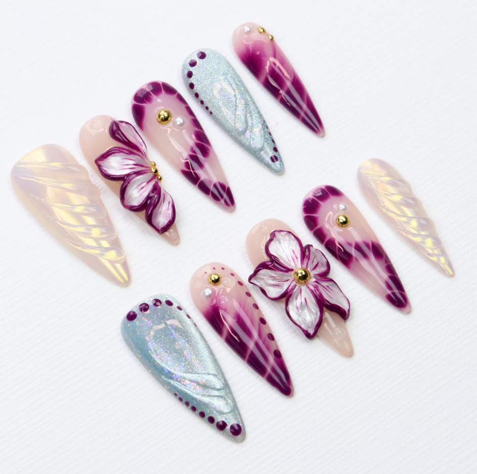 (Handmade) 10pcs/Set 3D Floral Long Stiletto Press-On Nails