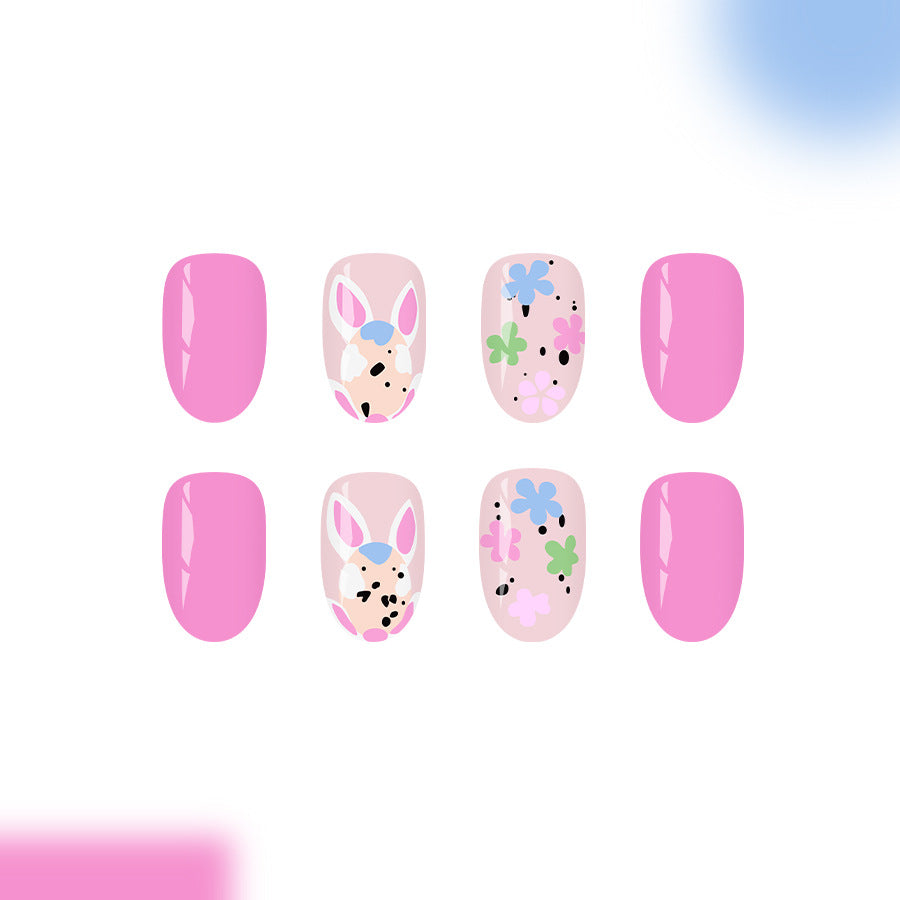 24pcs/Set Easter Pink Bunny with Color-Block Flowers Press-On Nails