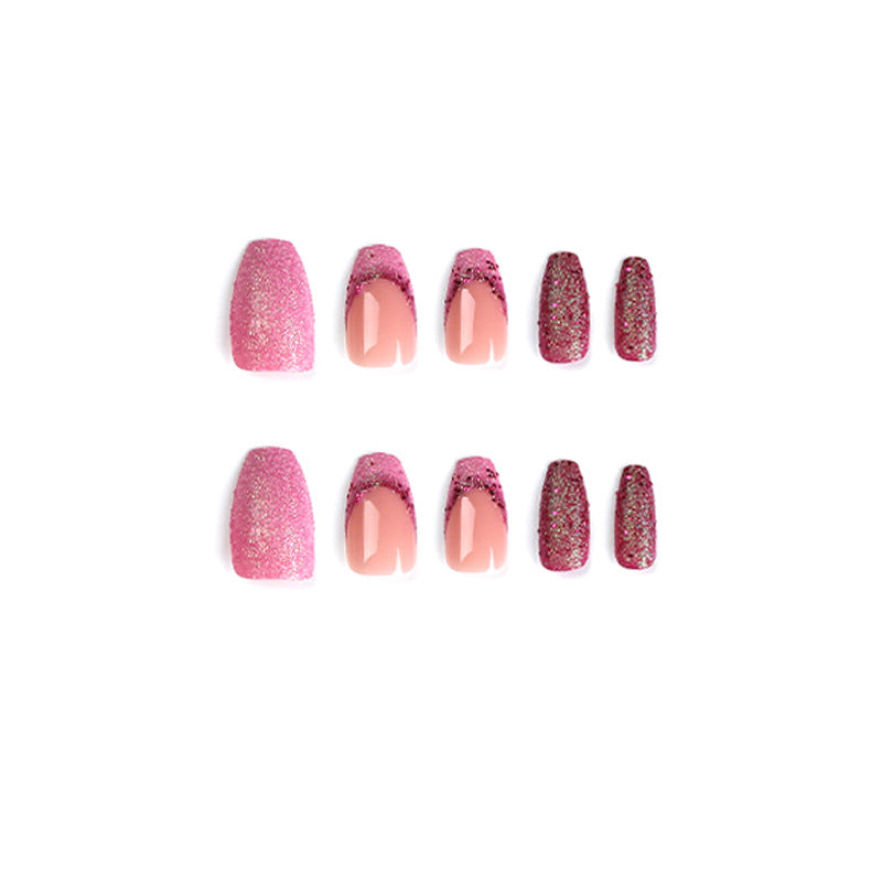 24pcs/Set Pink and Purple Glitter French Press-On Nails