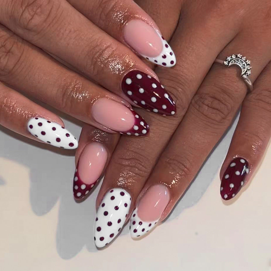 24pcs/Set Burgundy French Tips with White Polka Dots Press-On Nails