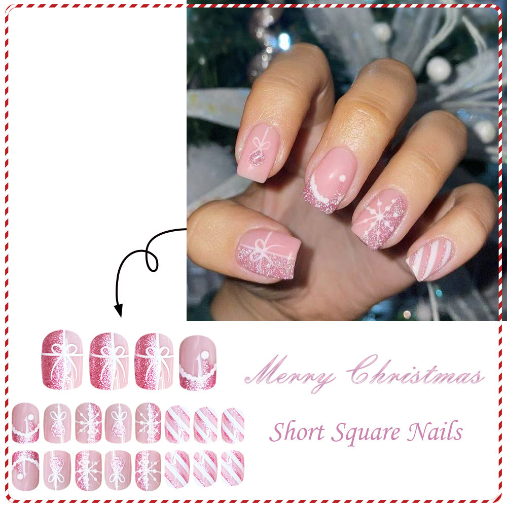 24pcs/Set Christmas Glitter Snowflake Gift Stripe Short Press On Nails