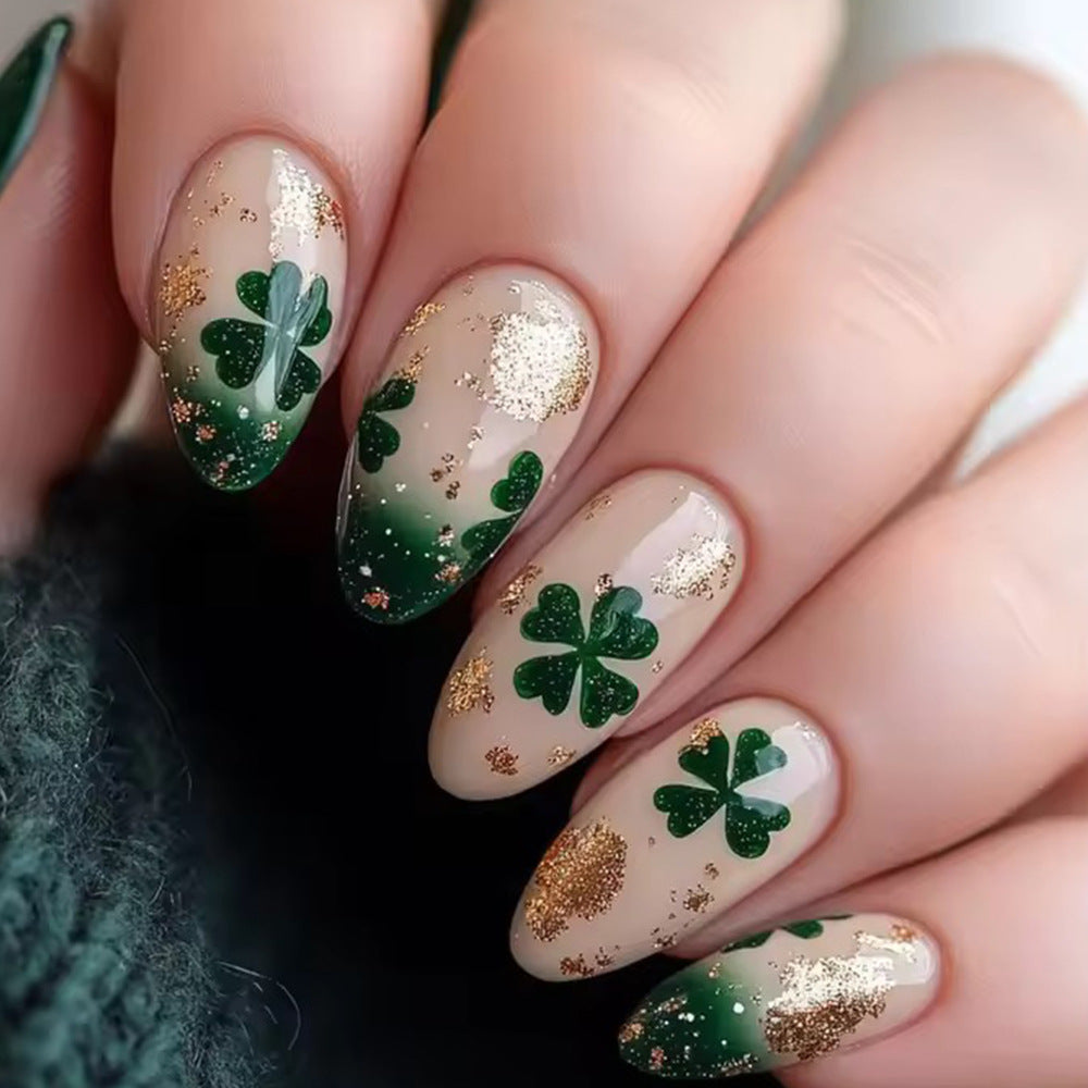 24pcs/Set Gilded Glitter Green Four-Leaf Clover Press-On Nails