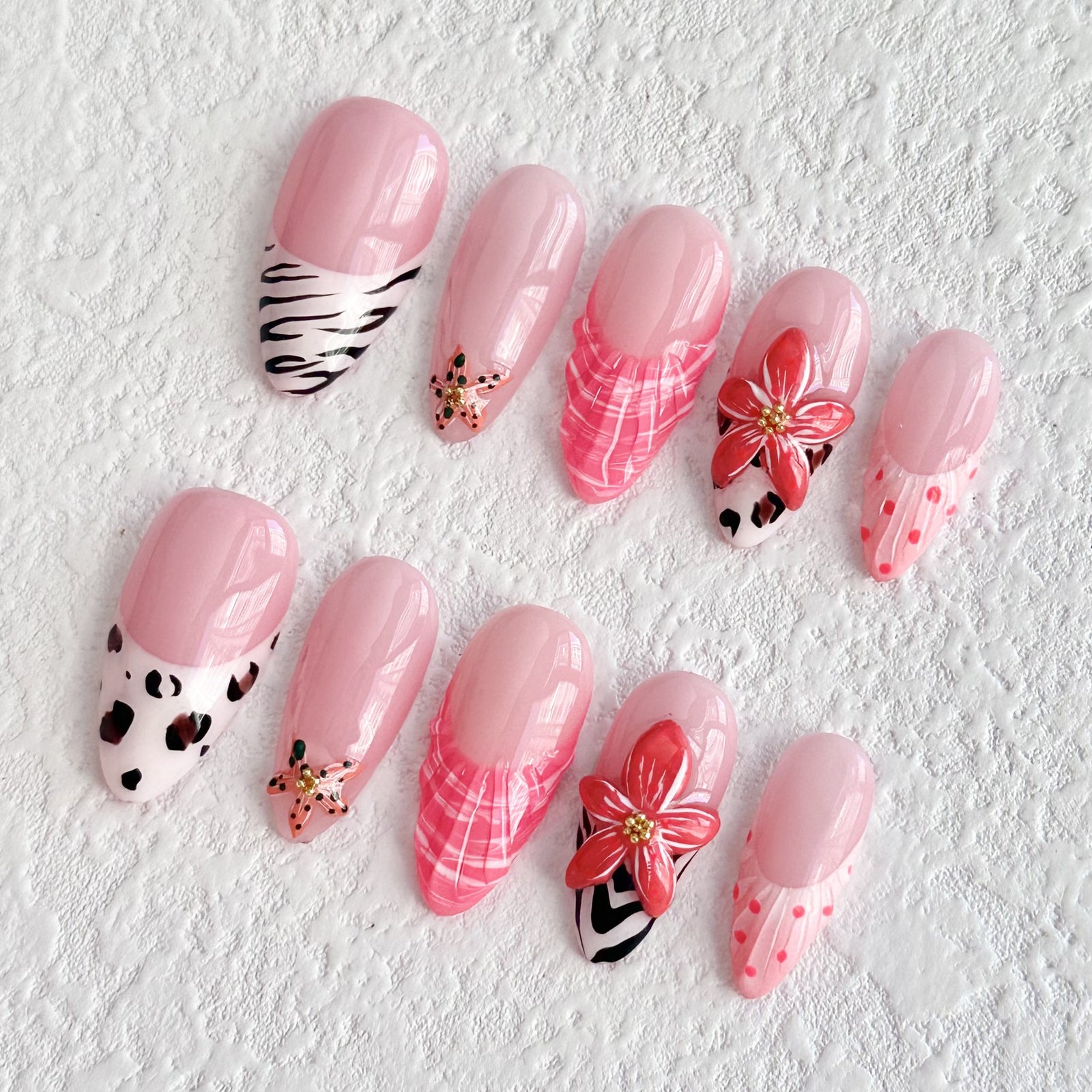 (Handmade) 10pcs/Set Pink 3D Flower Shell Press-On Nails