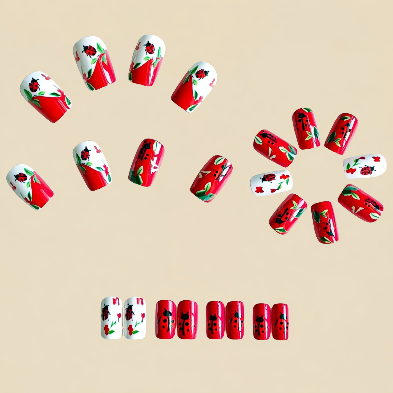 24pcs/Set Red Ladybug & Flowers Press-On Nails