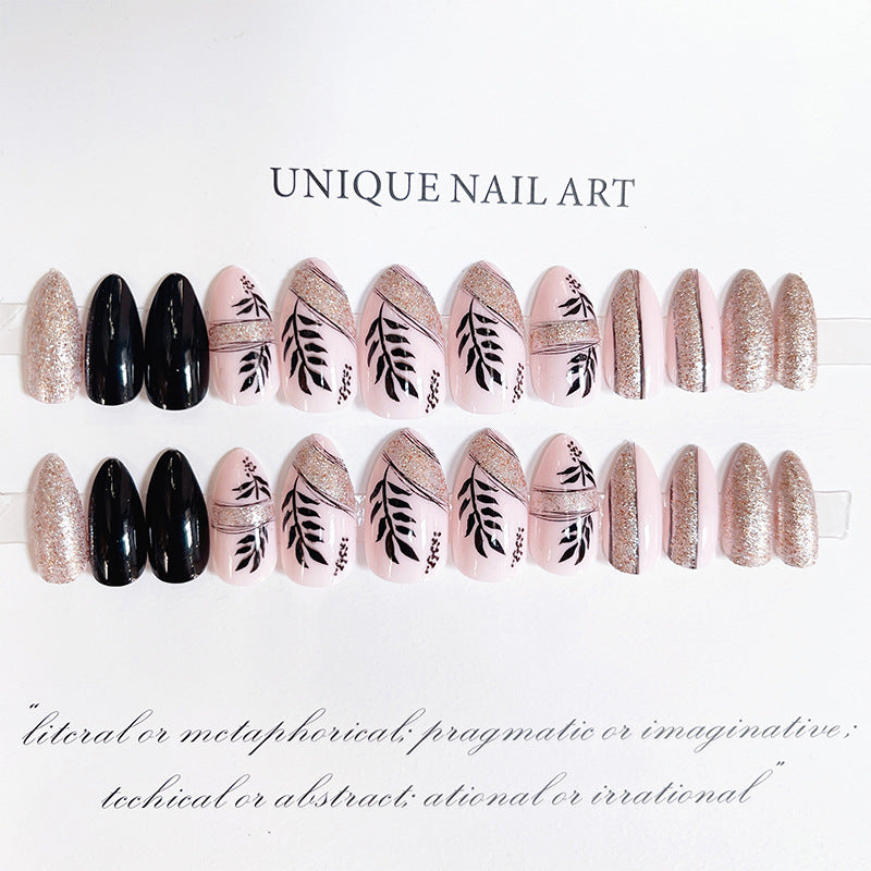 24pcs/Set Dark Gothic Gold Glitter with Black Leaves Press-On Nails