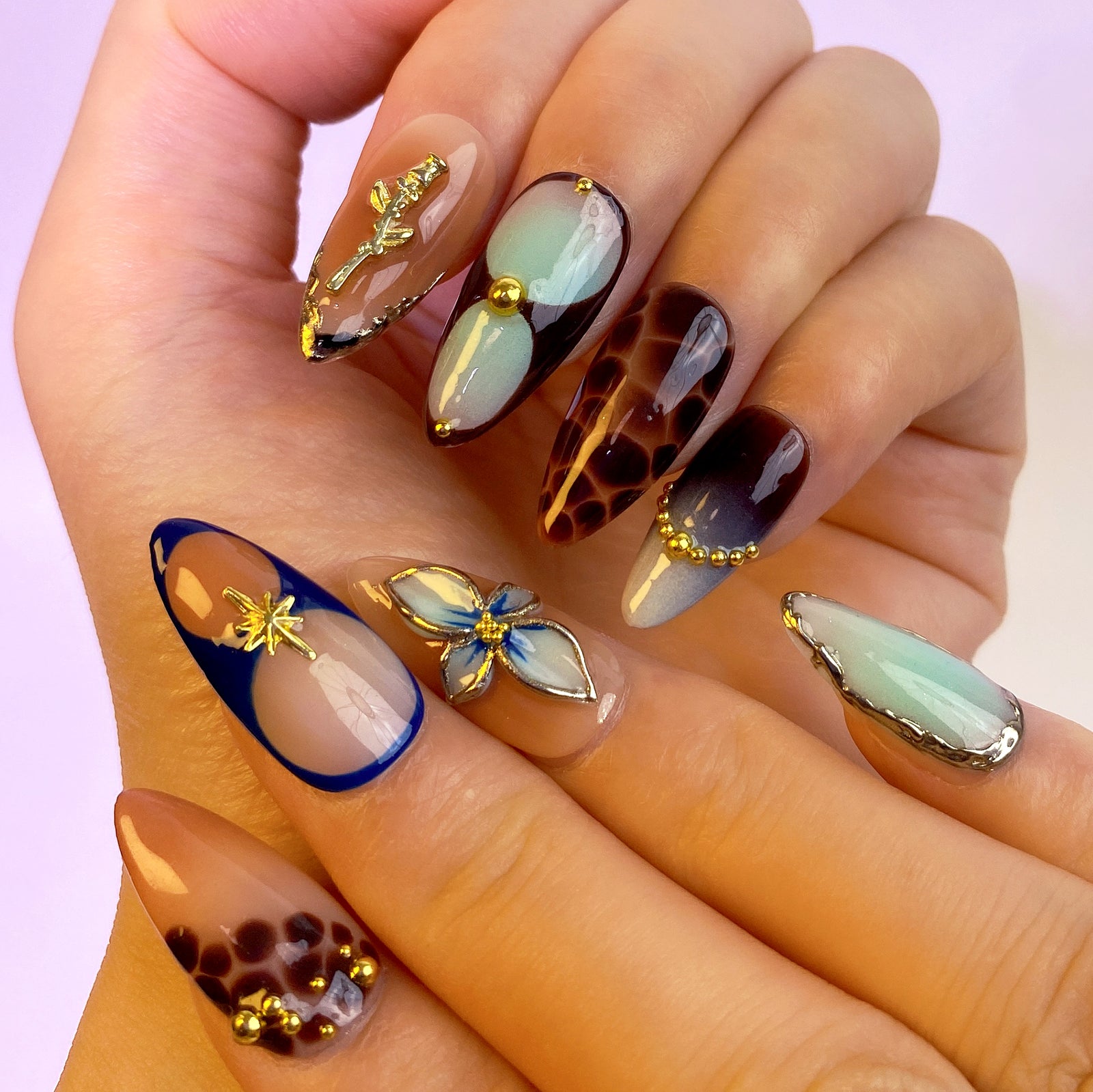 (Handmade) 10pcs/Set Autumn Winter Brown Gradient 3D Rose Flower Press-On Nails