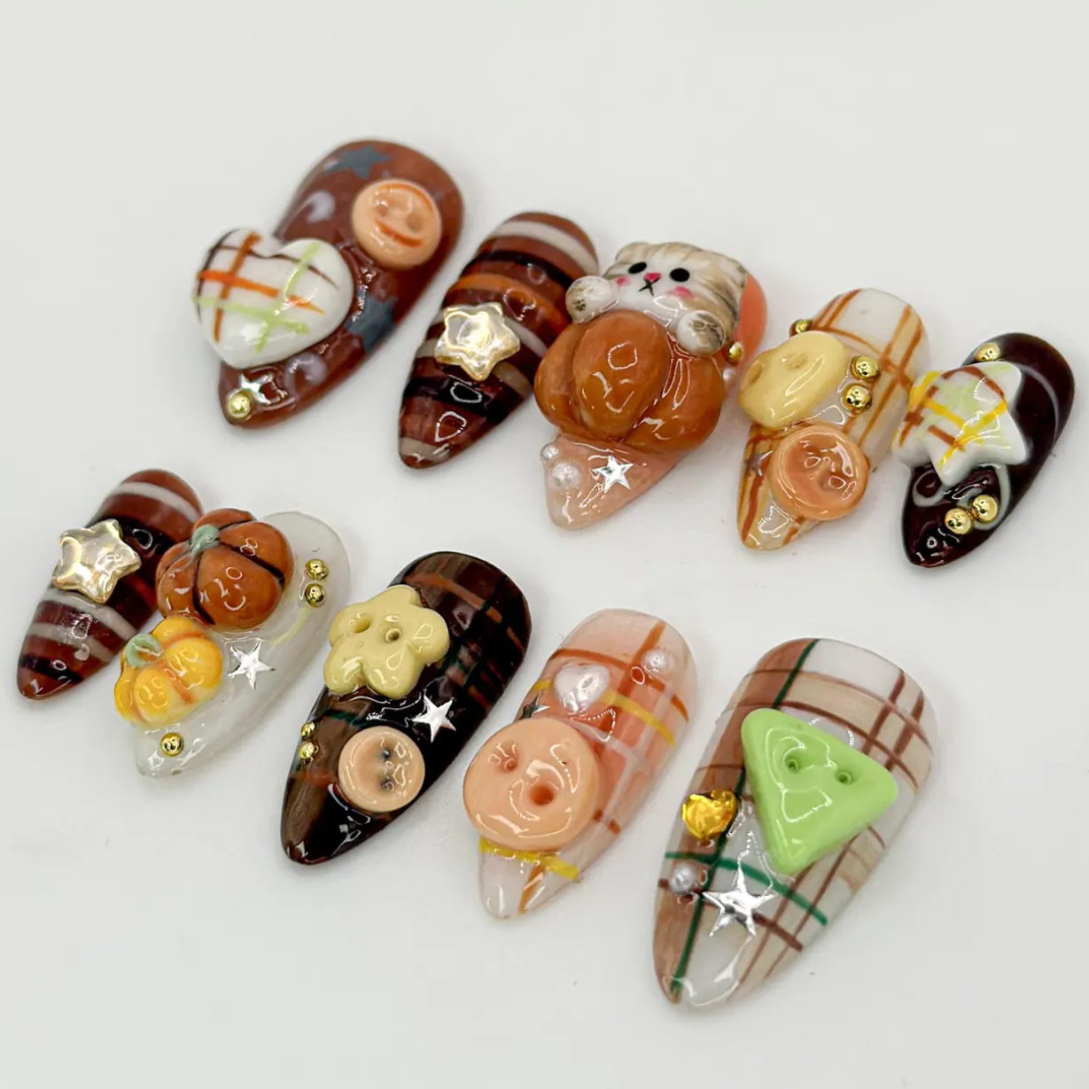 (Handmade) 10pcs/Set Cat & Plaid 3D Press-On Nails