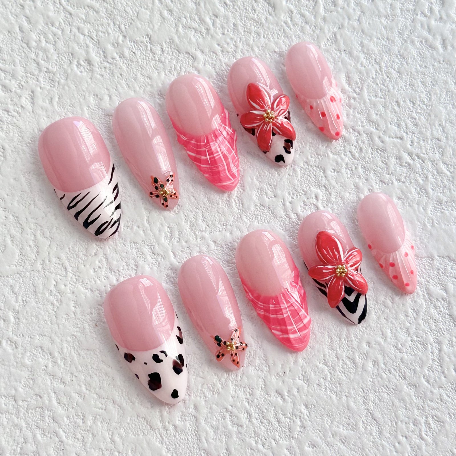 (Handmade) 10pcs/Set Pink 3D Flower Shell Press-On Nails