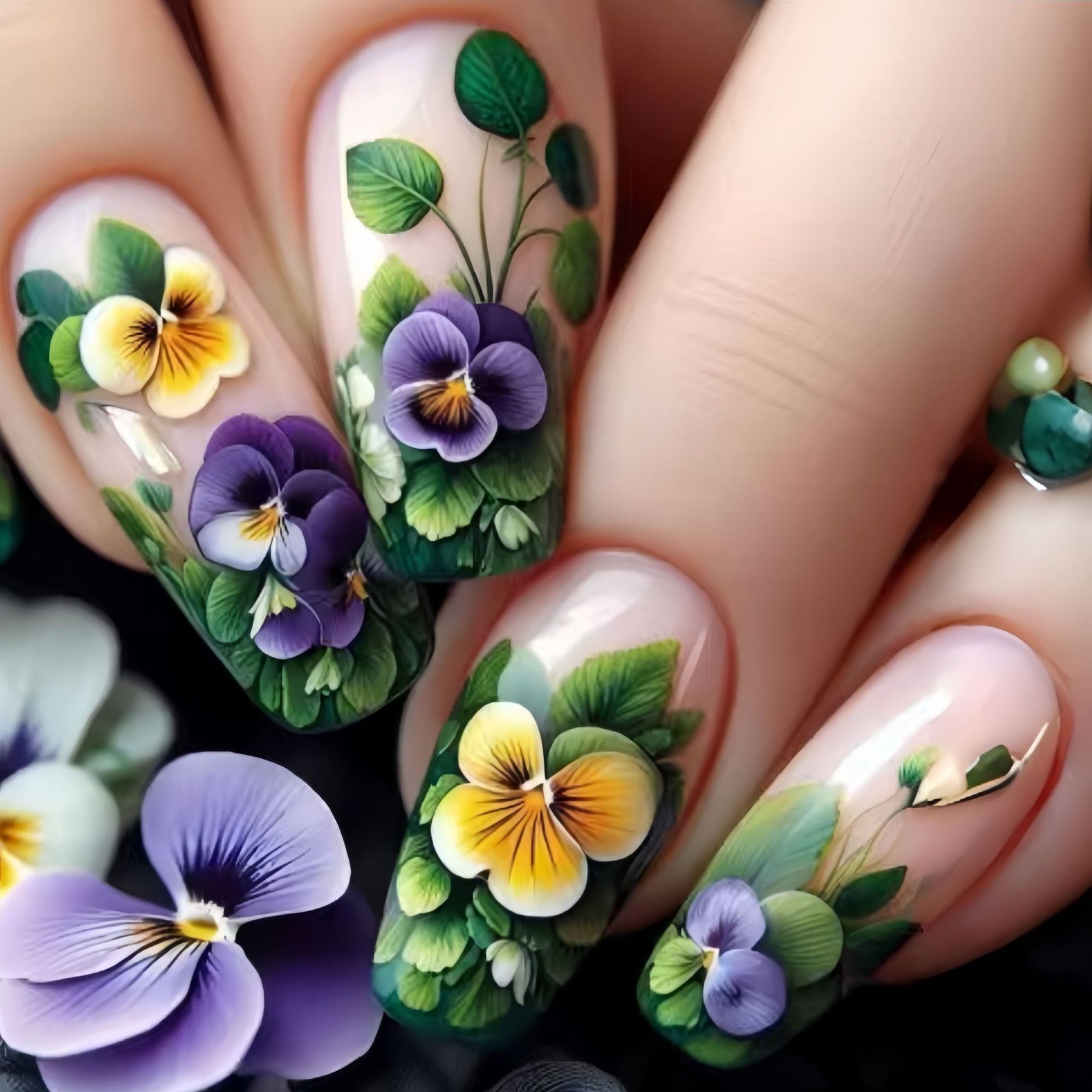 24pcs/Set Pansy Floral Print Press-On Nails