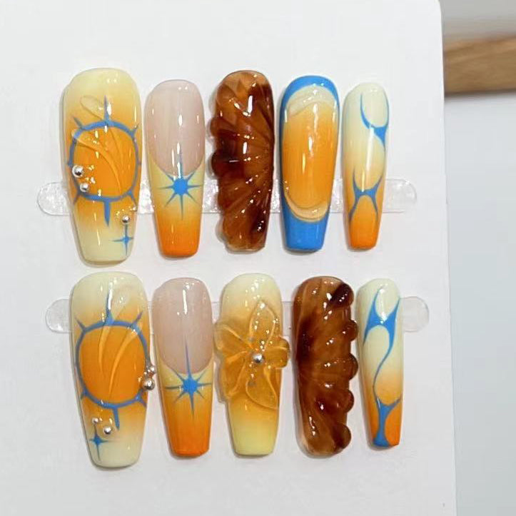 (Handmade) 10pcs/Set French Hand-Painted 3D Floral Design Press-On Nails
