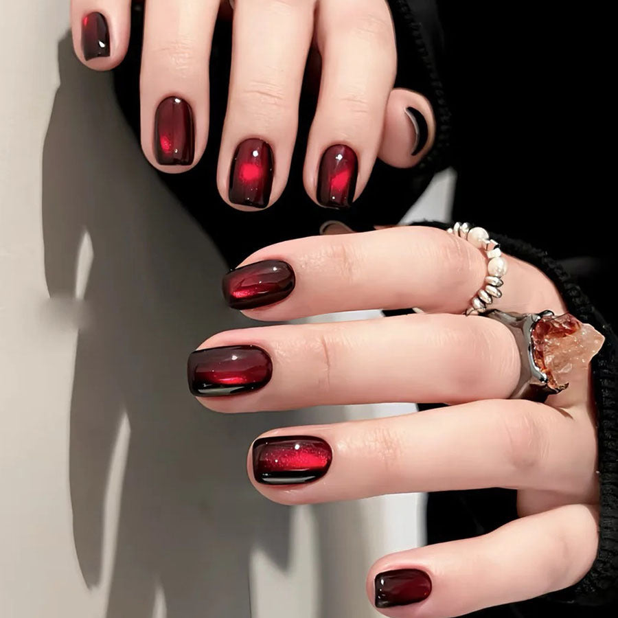 24pcs/Set Dark Pigeon Blood Red Cat-Eye Short Press On Nails