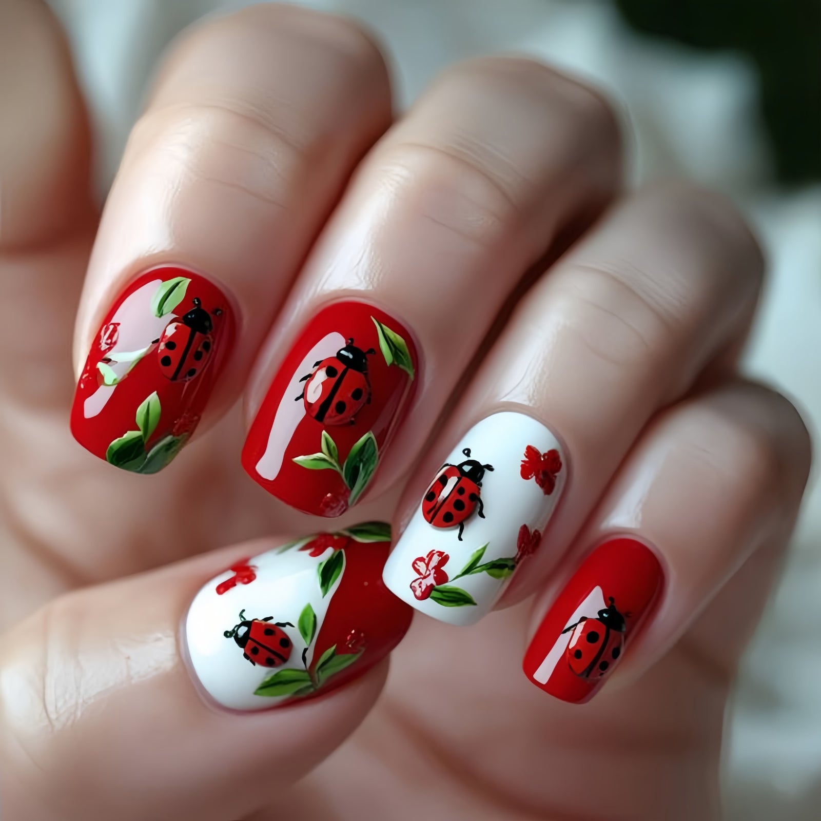 24pcs/Set Red Ladybug & Flowers Press-On Nails
