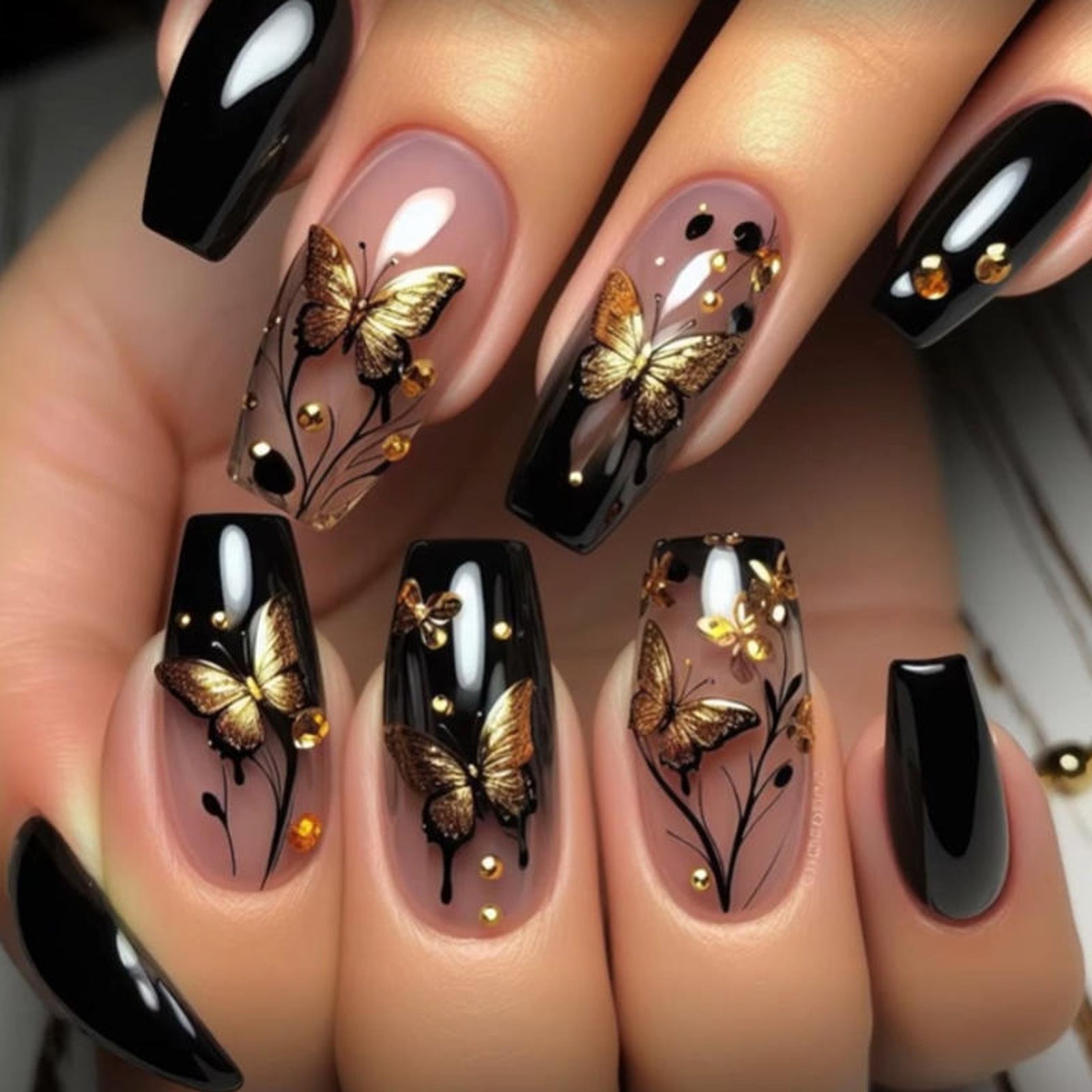 24pcs/Set Dark Gradient Glitter Butterfly Press-On Nails