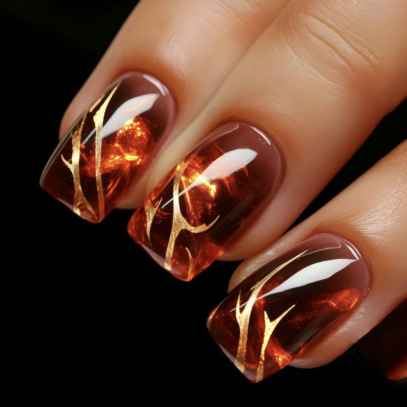 24pcs/Set Dark Red Flame Stripes Press-On Nails