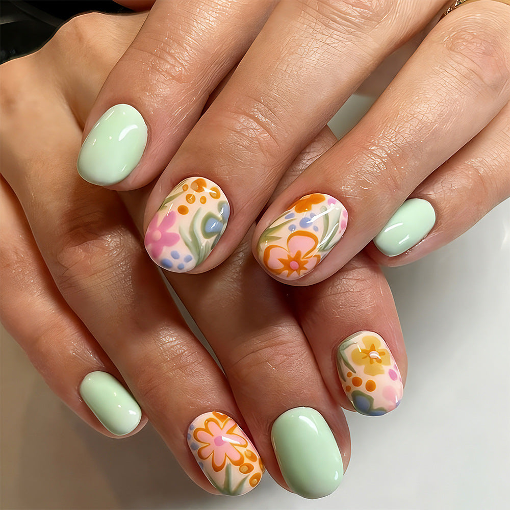 24pcs/Set Green Minimalist Floral Press-On Nails