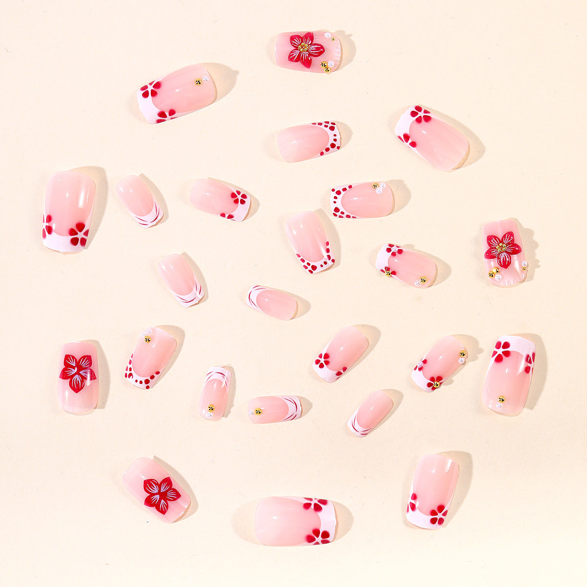24pcs/Set White French Tips with 3D Flowers Press-On Nails