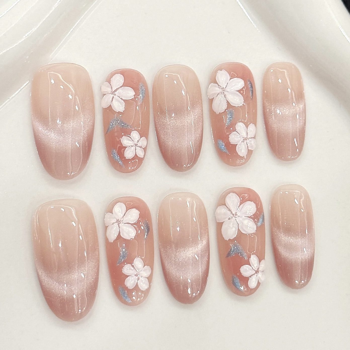 (Handmade) 10pcs/Set Cat-Eye Hand-Painted 3D Flower Press-On Nails