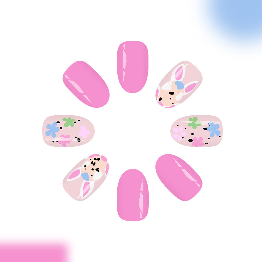 24pcs/Set Easter Pink Bunny with Color-Block Flowers Press-On Nails