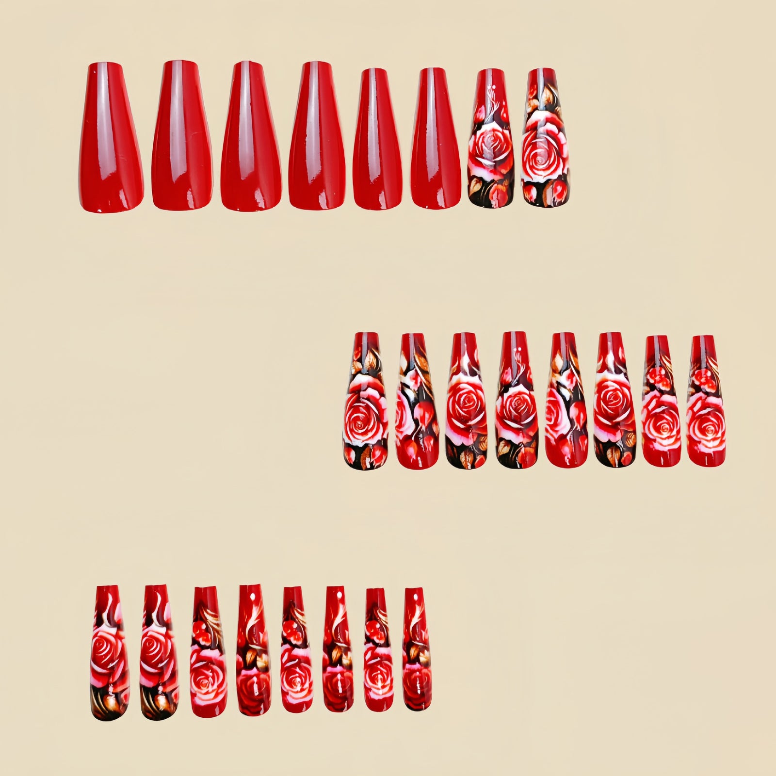 24pcs/Set Red Roses Press-On Nails