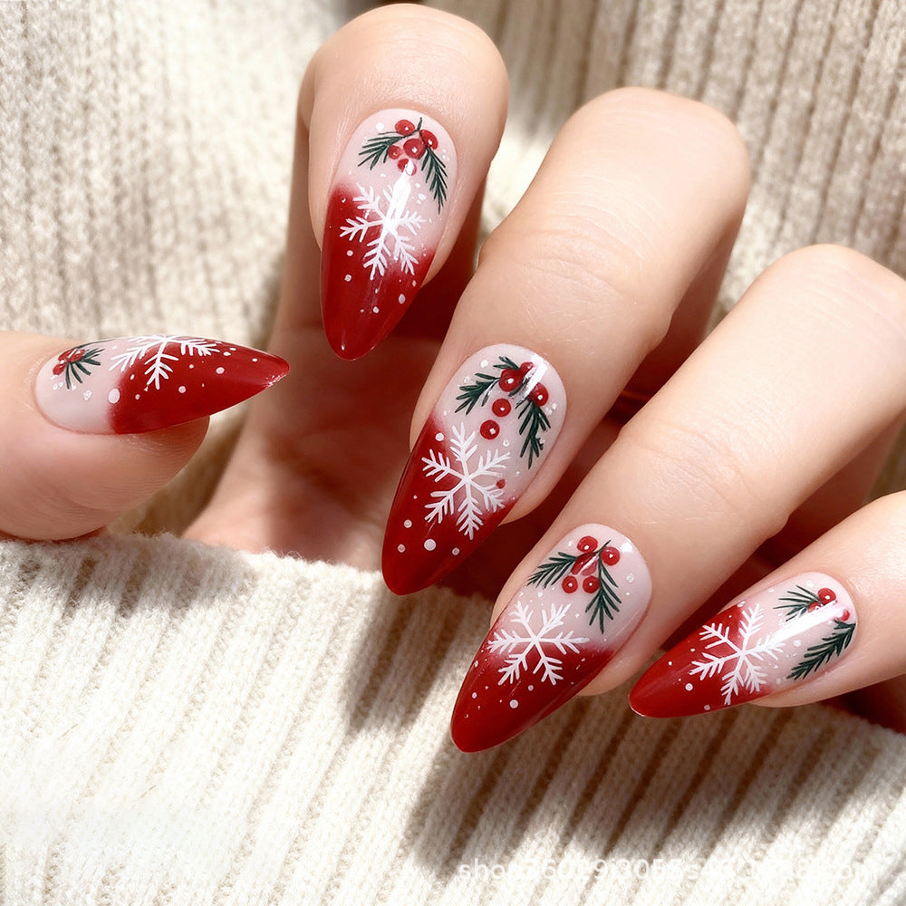 24pcs/Set Christmas Red Berry Snowflakes Press-On Nails