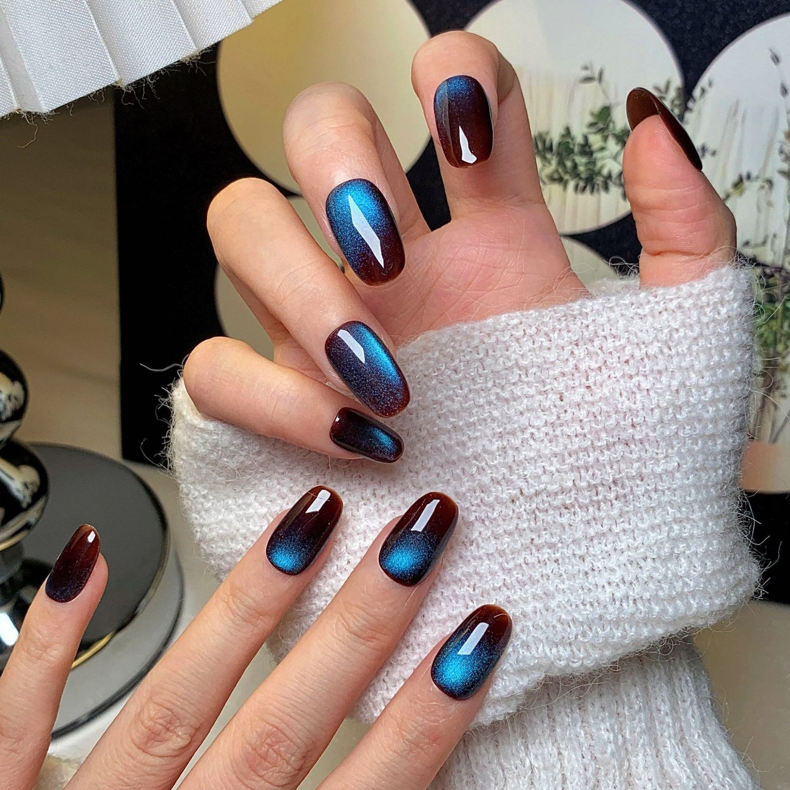 (Handmade) 10pcs/Set Black-Blue Solid Cat Eye Press-On Nails