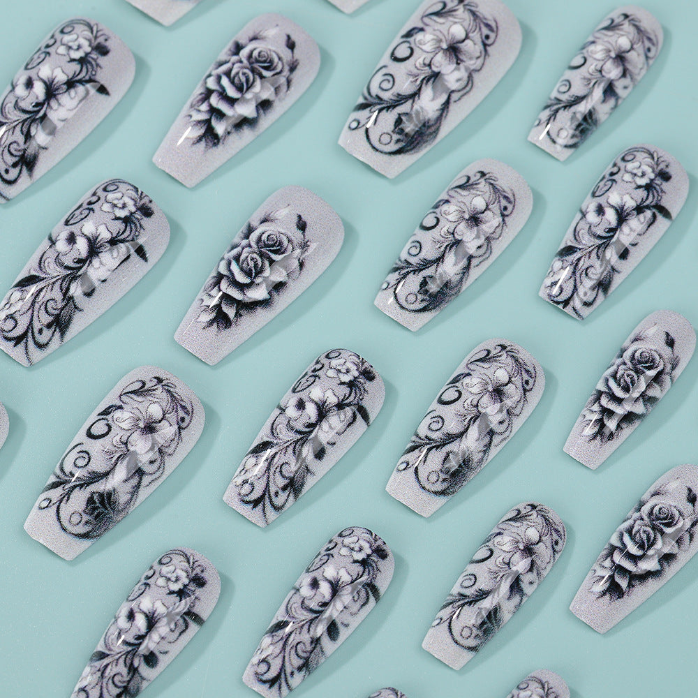 24pcs/Set Gray Background with Large Roses Press-On Nails