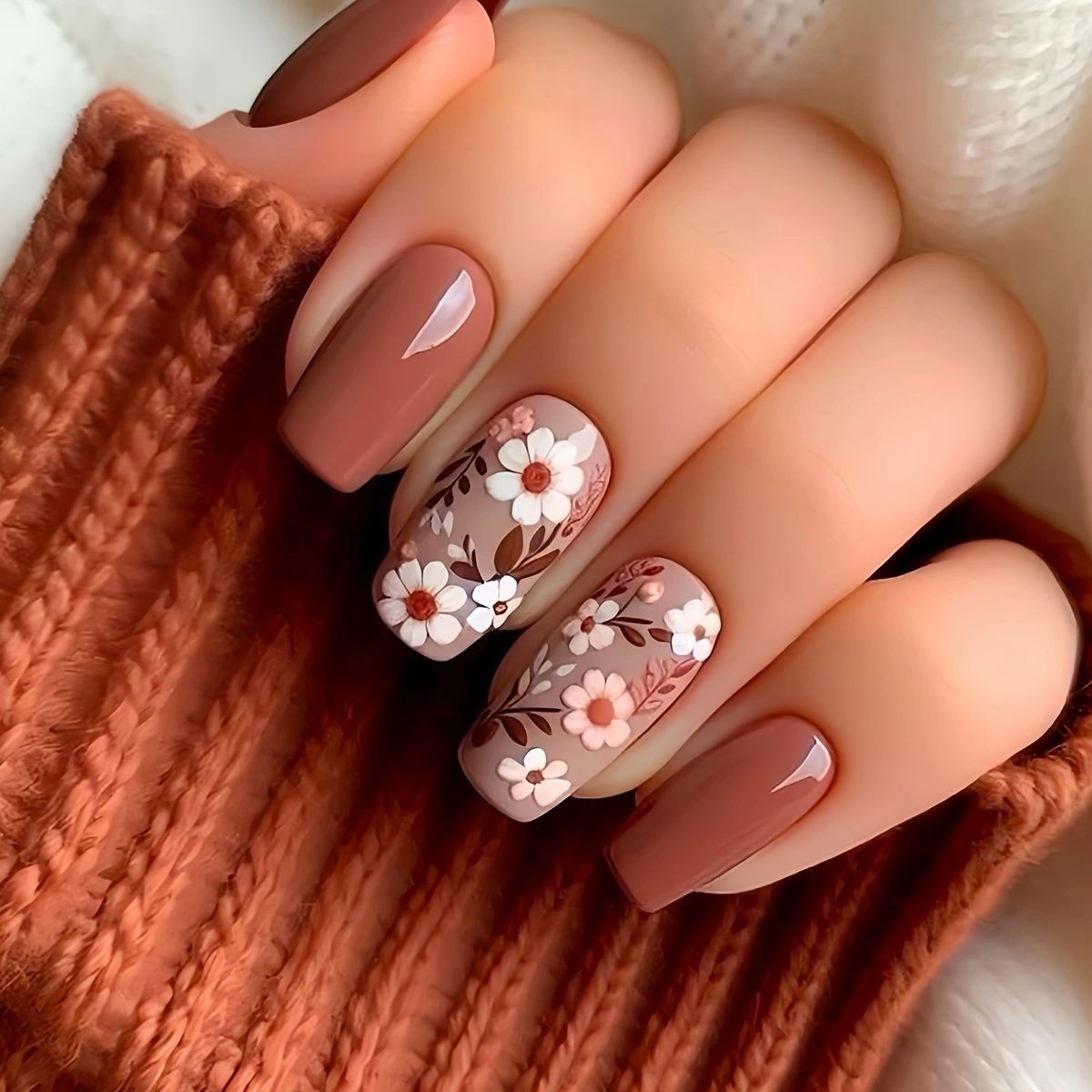 24pcs/Set Brown Flowers Press-On Nails