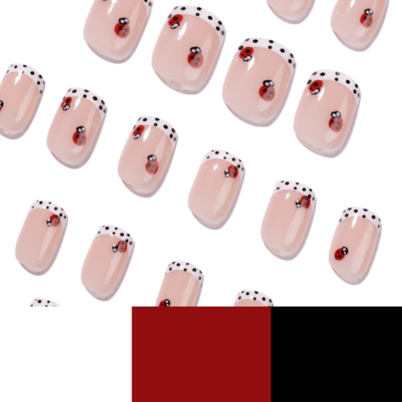 24pcs/Set Polka Dot French Tip with Ladybug Short Press On Nails