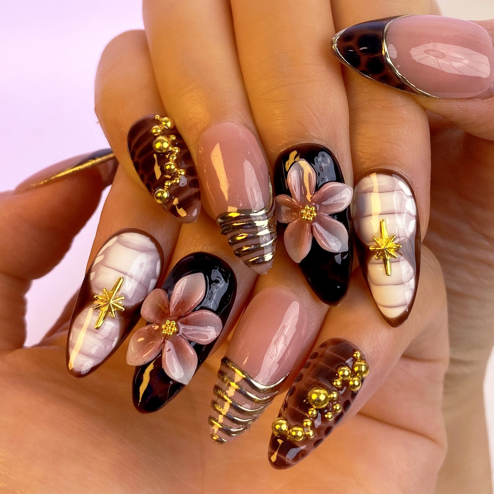 (Handmade) 10pcs/Set Autumn Winter Brown 3D Flower Press-On Nails