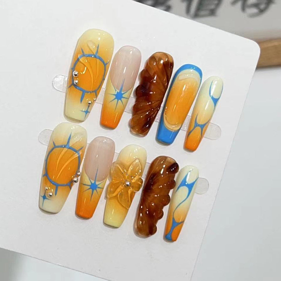 (Handmade) 10pcs/Set French Hand-Painted 3D Floral Design Press-On Nails