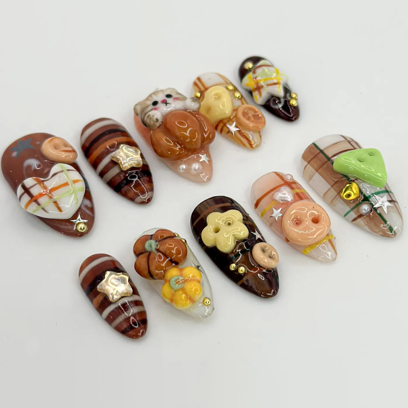 (Handmade) 10pcs/Set Cat & Plaid 3D Press-On Nails